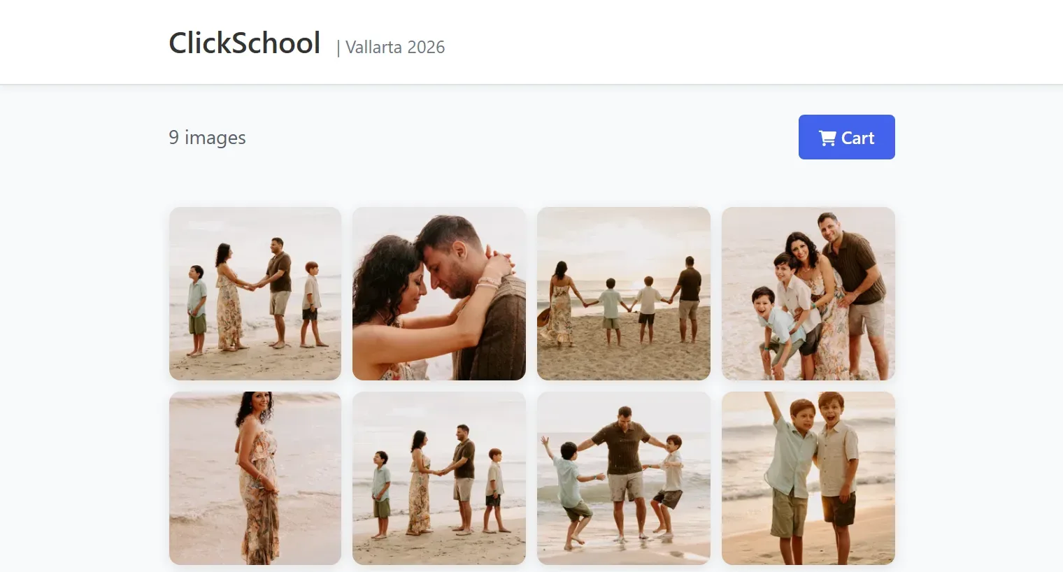 A client gallery in Pixaluz: a family beach session with nine photos and a cart button