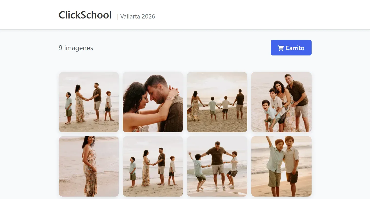 Galería de cliente en Pixaluz: sesión familiar en la playa con nueve fotos y botón de carrito