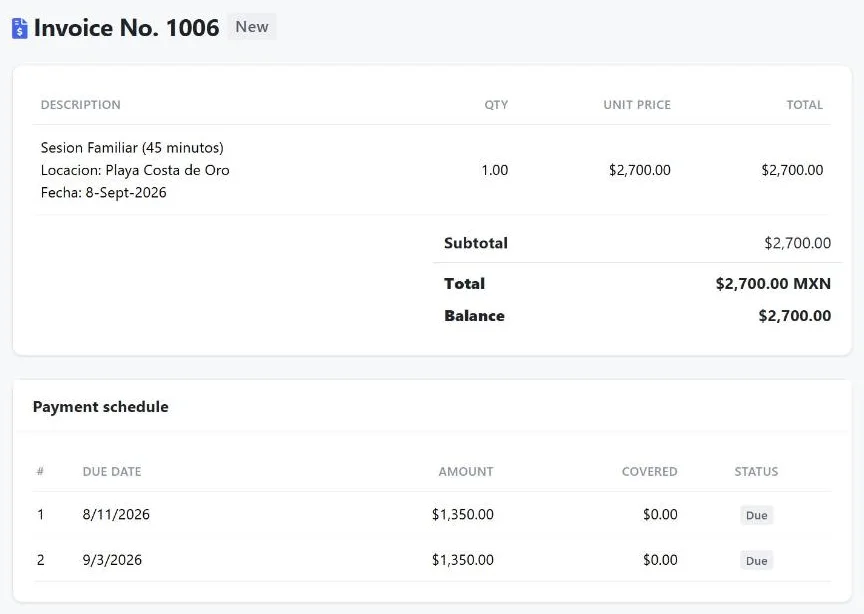 An invoice in Pixaluz with a family session, total in pesos and a two-installment payment schedule