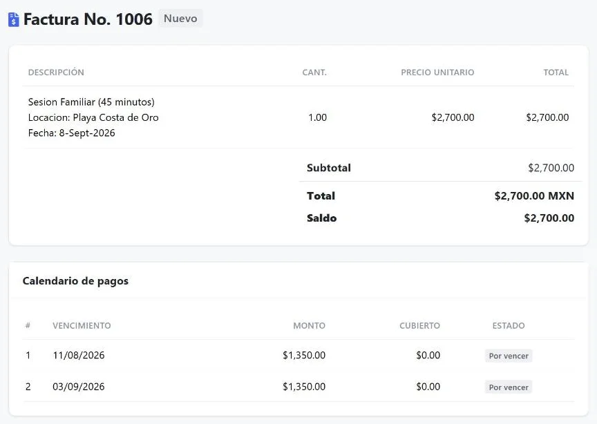 Recibo en Pixaluz con una sesión familiar, total en pesos y calendario de pagos en dos parcialidades
